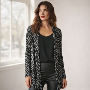 Zebra Print Stretchy Knit Open Front Cardigan / Topper